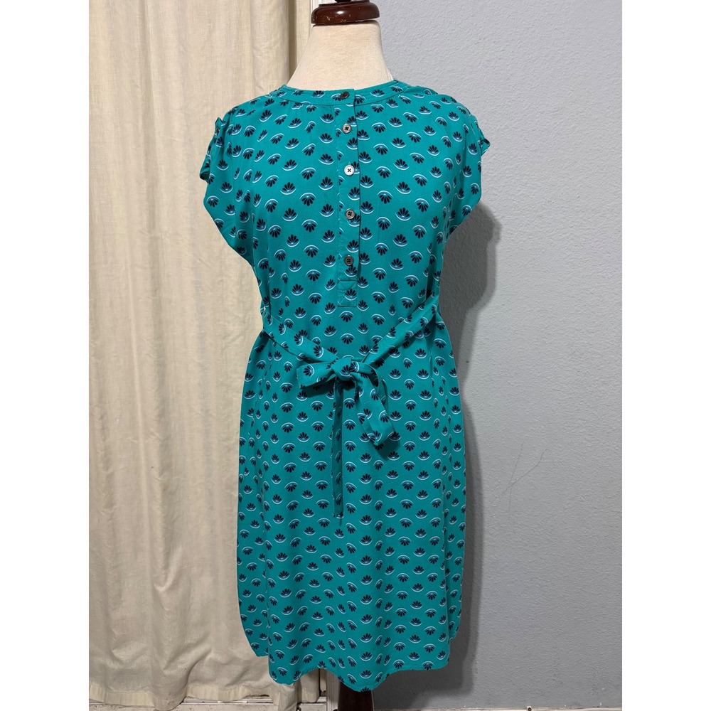 Downeast Cottagecore Shirt Dress XS Teal Geometric Fan Print Cap Sleeve Belted